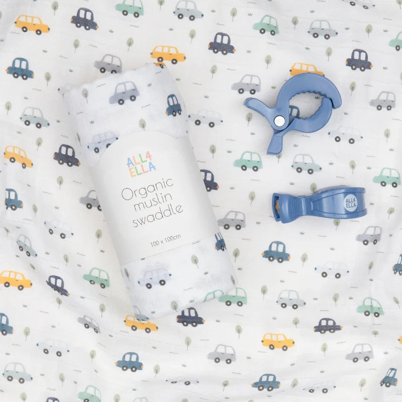 Organic Muslin Swaddle & 2 Pram Peg Gift Set - Beep Beep