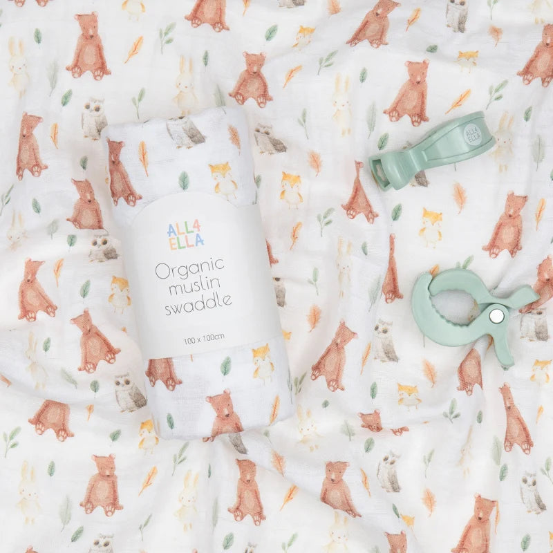 Organic Muslin Swaddle & 2 Pram Peg Set - Forest Friends