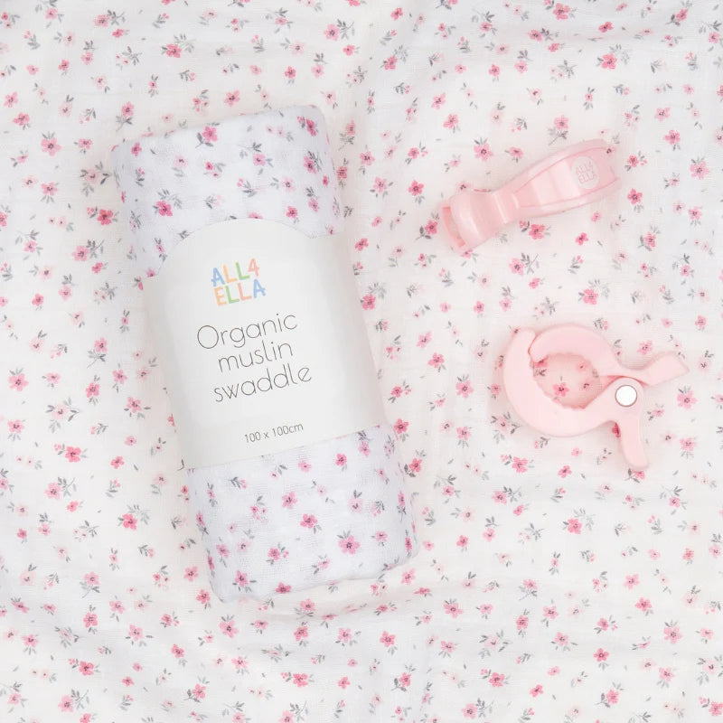 Organic Muslin Swaddle & 2 Pram Peg Set - Pink Petals