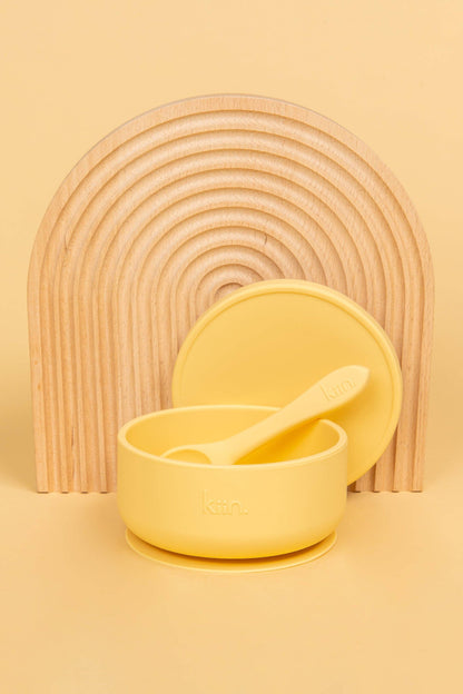 Silicone Suction Bowl with lid + Spoon Set: Buttercup