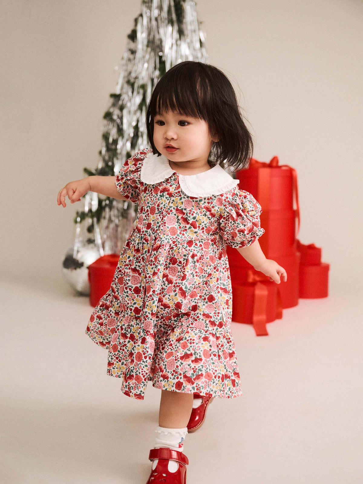 Festive Floral Frill Collar Dress