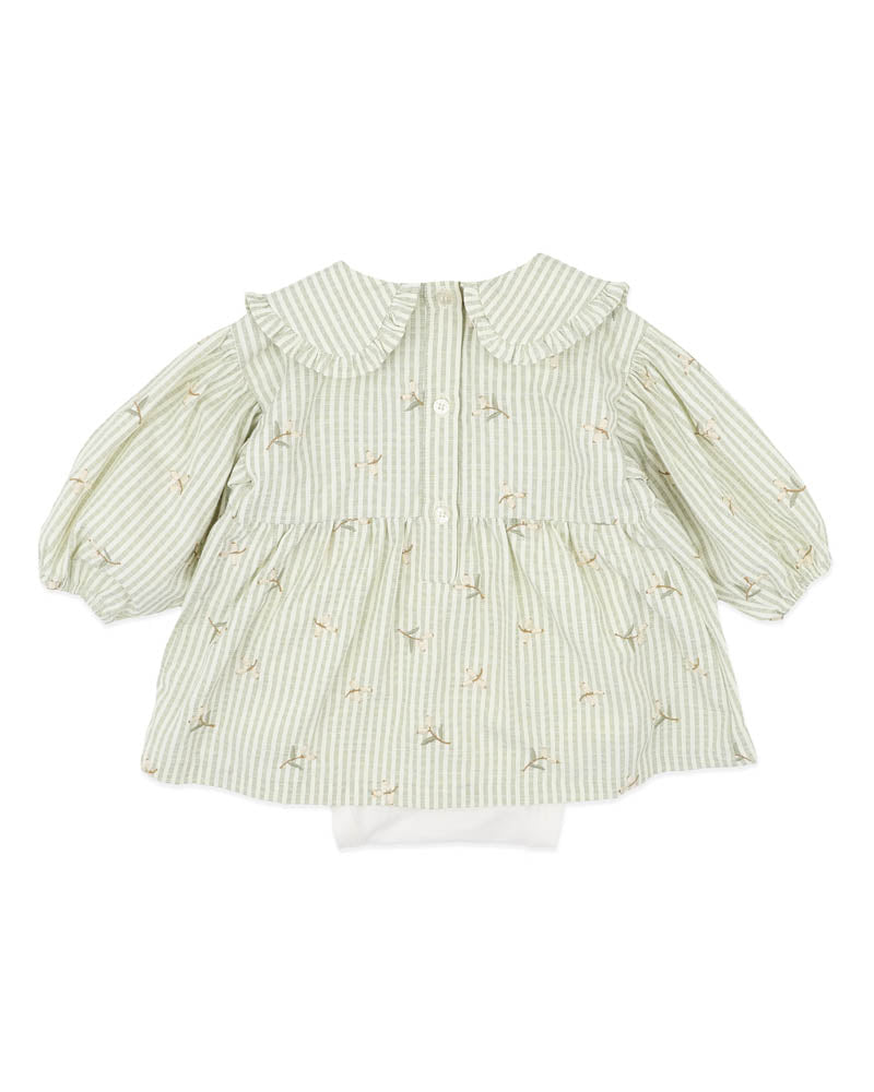 Orchard Bloom Embroidered Stripe Overlay Dress