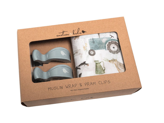 Farm Muslin Wrap & Gray Pram Clip Set