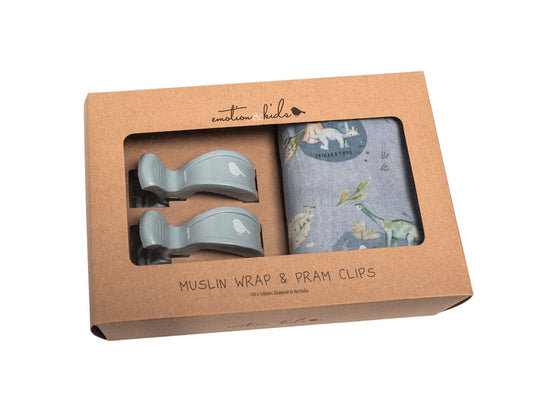 Dinosaurs of the World Muslin Wrap & Navy Pram Clip Set