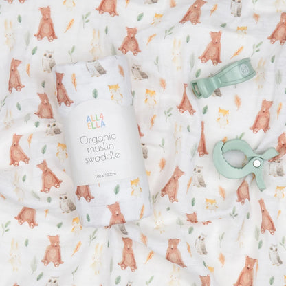 Organic Muslin Swaddle & 2 Pram Peg Set - Forest Friends
