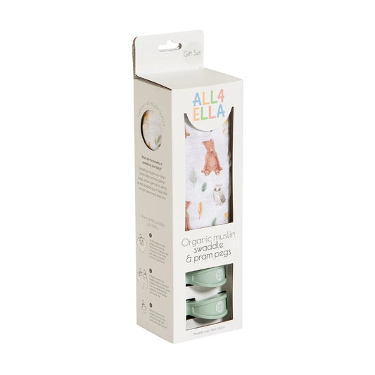 Organic Muslin Swaddle & 2 Pram Peg Set - Forest Friends