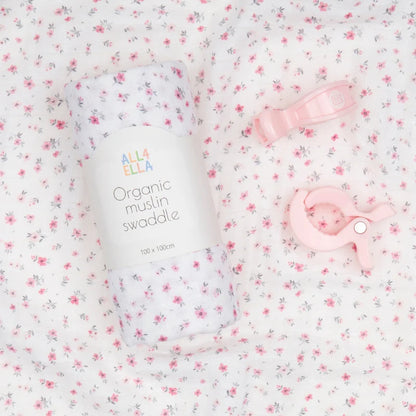 Organic Muslin Swaddle & 2 Pram Peg Set - Pink Petals