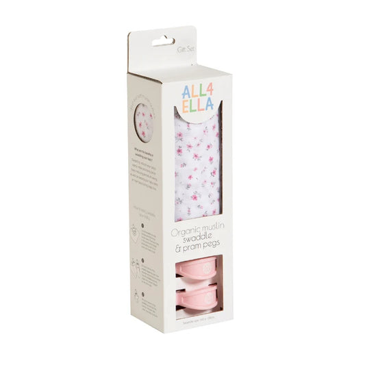 Organic Muslin Swaddle & 2 Pram Peg Set - Pink Petals